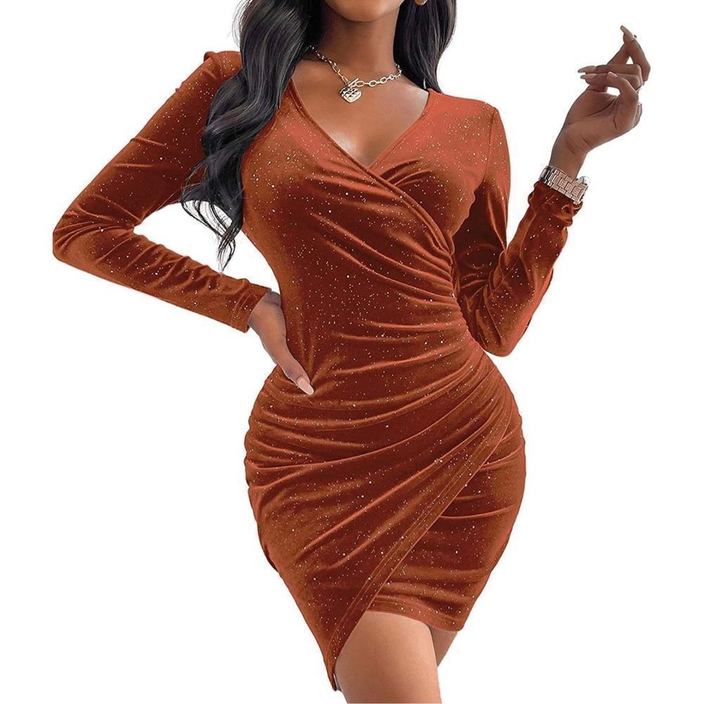 Mini Wrap Dress V Neck Long Sleeve Velvet Glitter Ruched Cocktail M